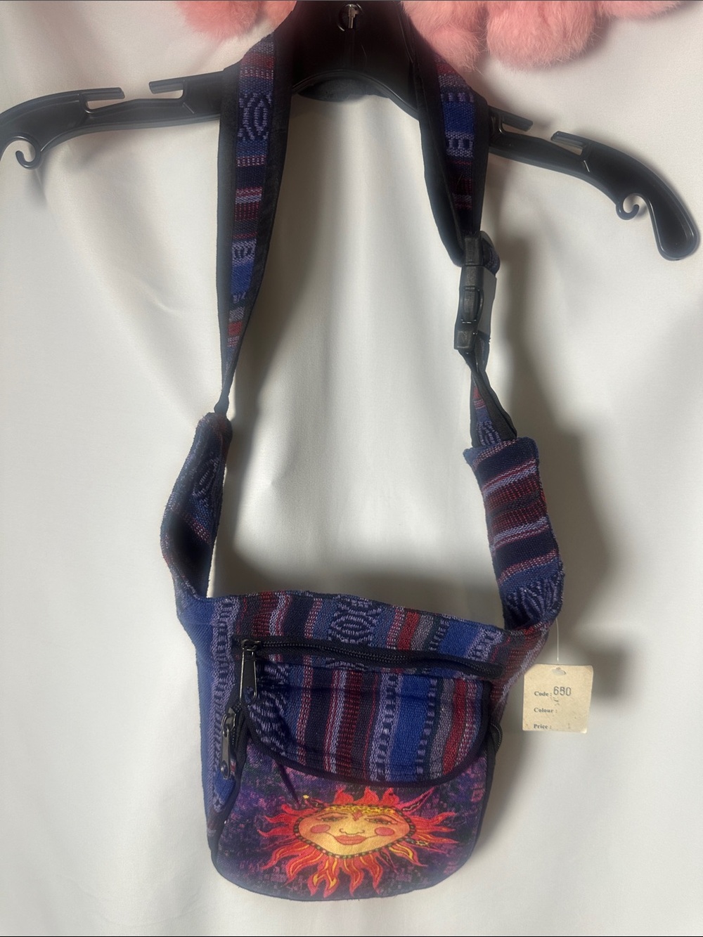 Kathmandu Boho Woven Sunface Crossbody Bag – Blue & Purple